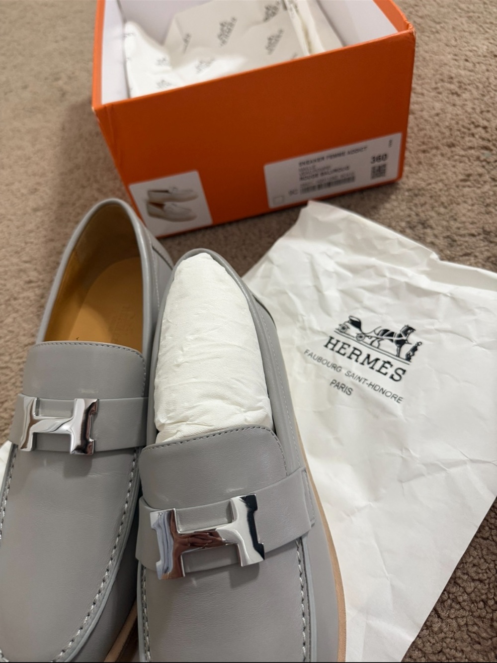 Hermes Light Gray Leather Slip-On Loafer brand new shoe brand new never worn